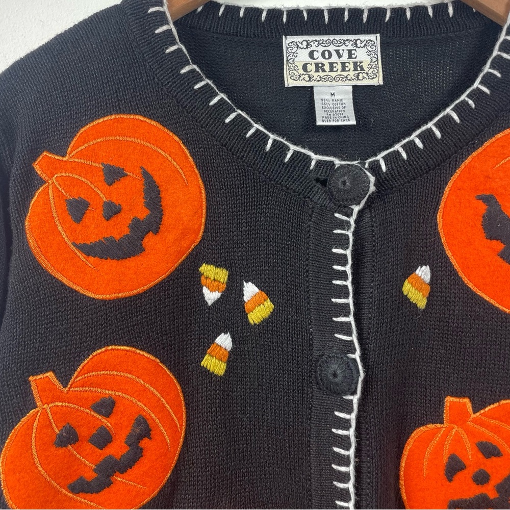 VTG Halloween Cardigan Pumpkin 90s Granny Embroidery Black Med Teacher Sweater - Picture 7 of 16